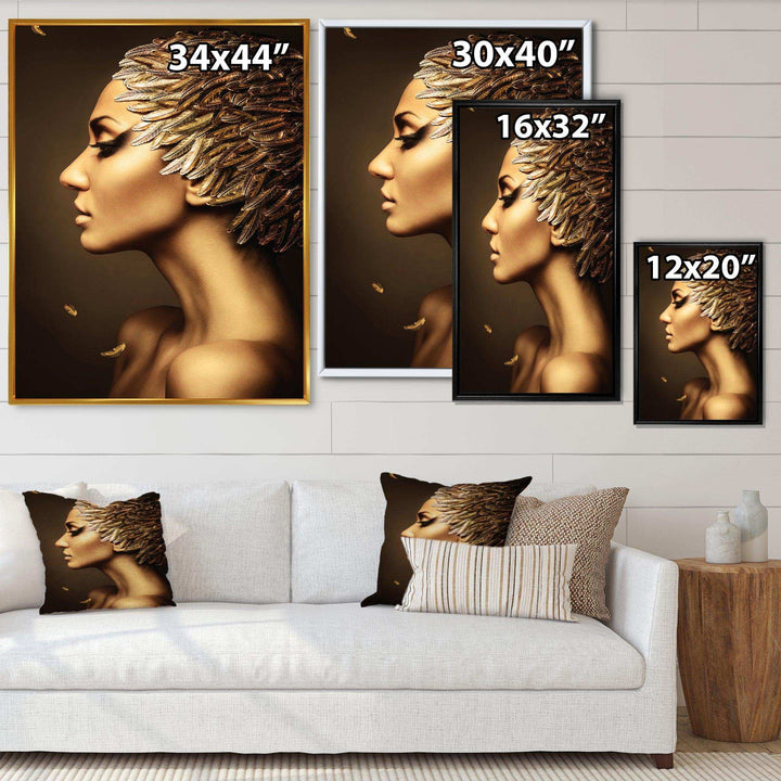 Woman with Gold Feather Hat - Modern Living Room Wall Decor