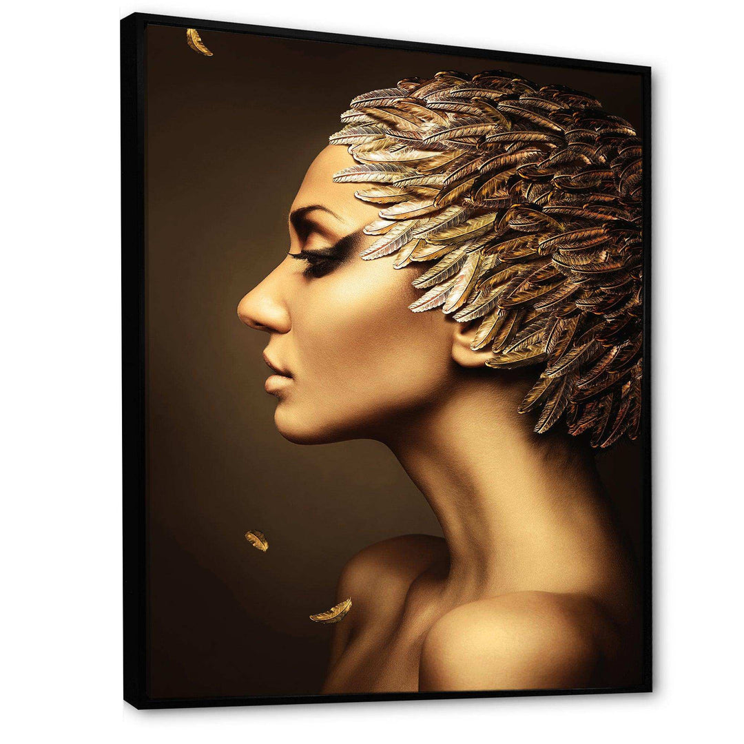 Woman with Gold Feather Hat - Modern Living Room Wall Decor