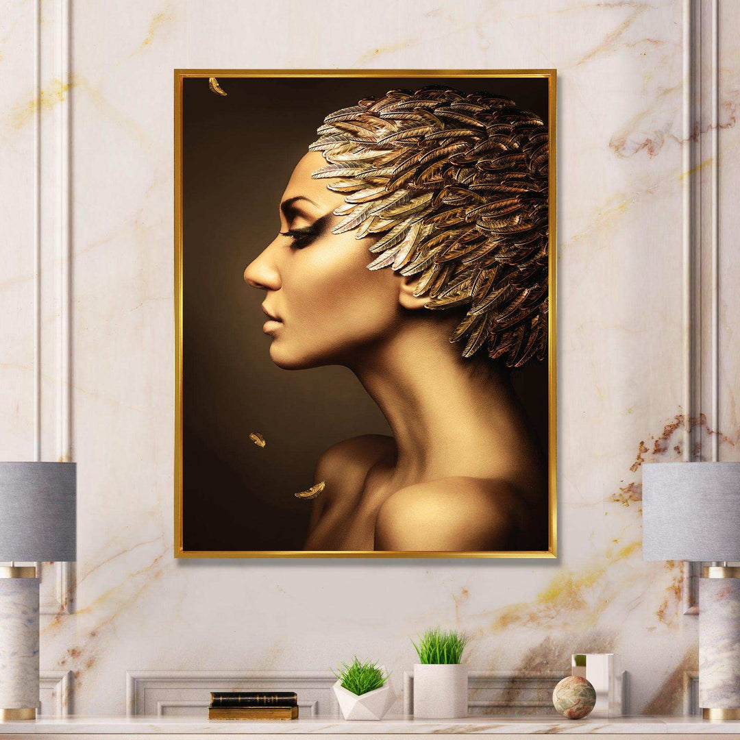 Woman with Gold Feather Hat - Modern Living Room Wall Decor