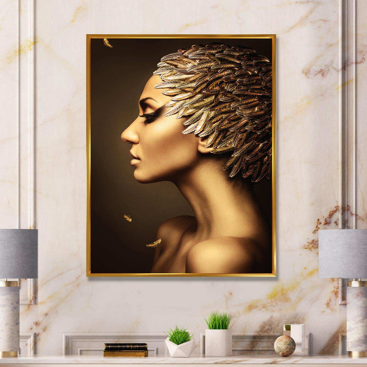 Woman with Gold Feather Hat - Modern Living Room Wall Decor