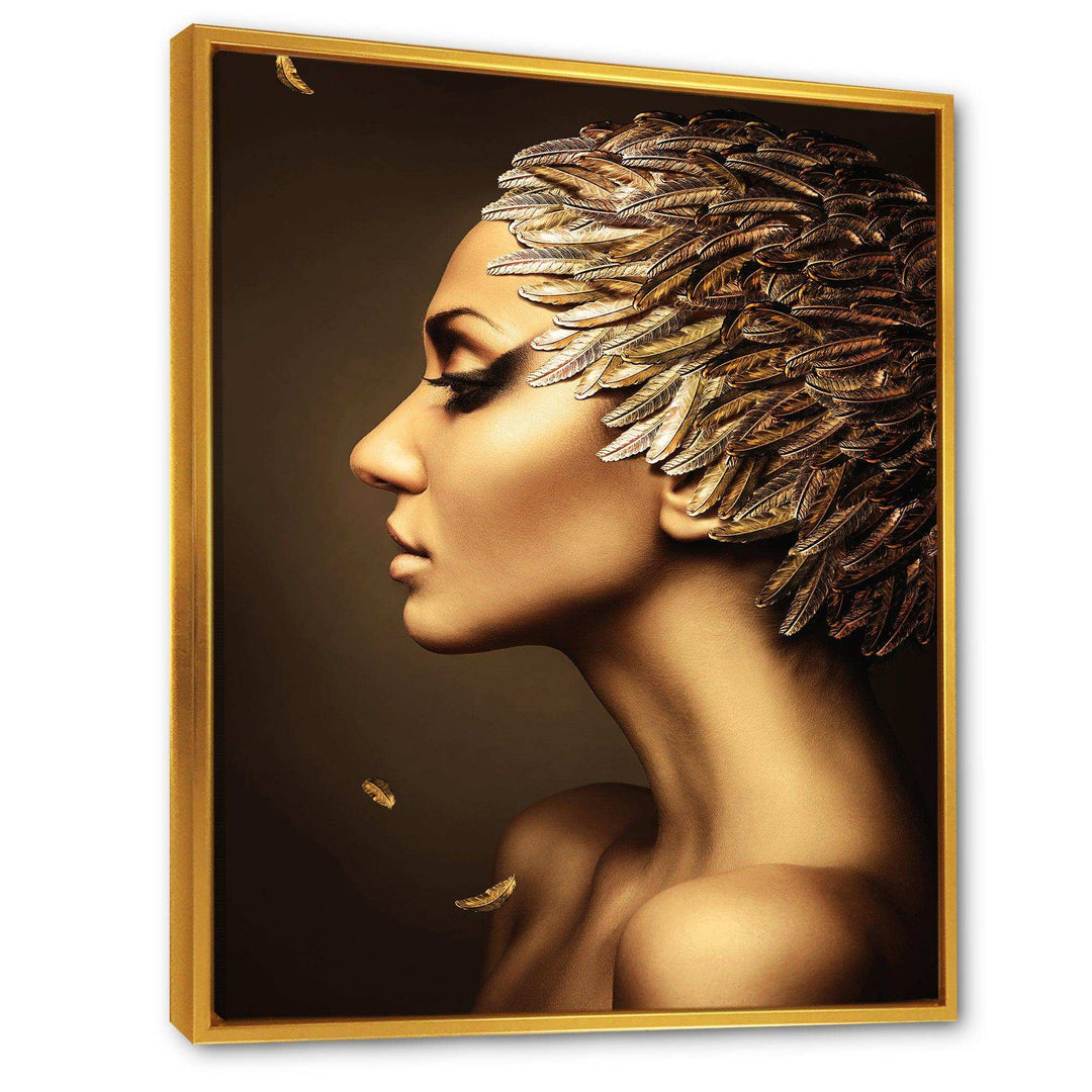 Woman with Gold Feather Hat - Modern Living Room Wall Decor