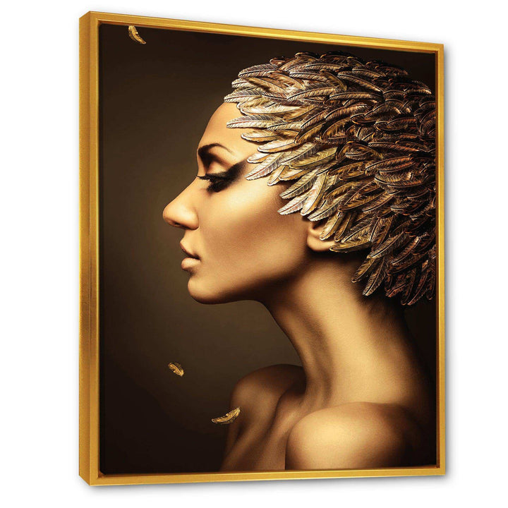 Woman with Gold Feather Hat - Modern Living Room Wall Decor