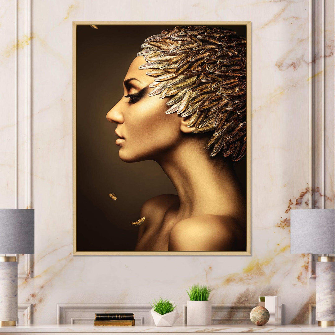 Woman with Gold Feather Hat - Modern Living Room Wall Decor