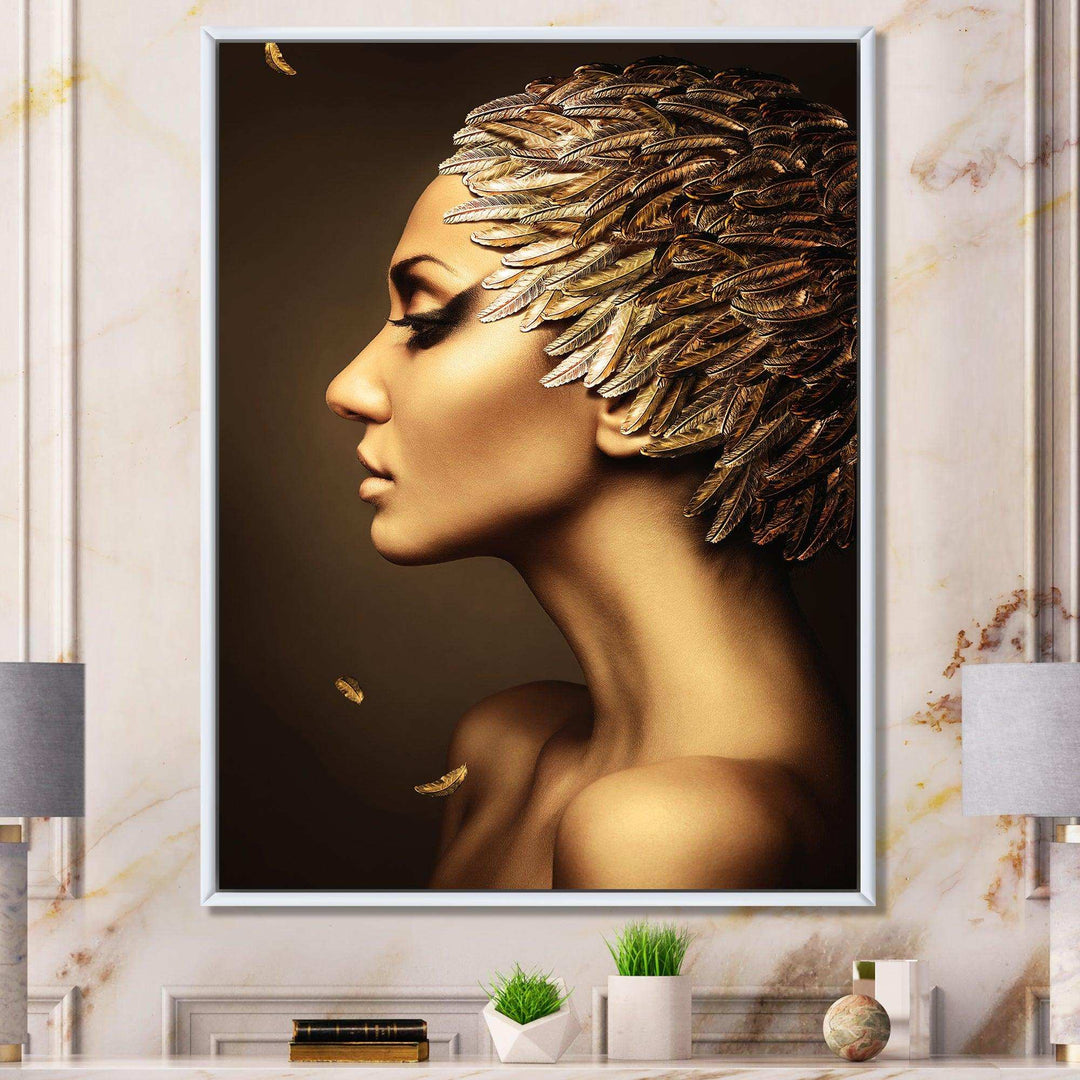 Woman with Gold Feather Hat - Modern Living Room Wall Decor