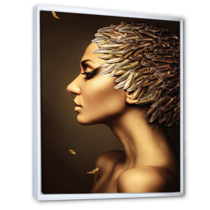 Woman with Gold Feather Hat - Modern Living Room Wall Decor