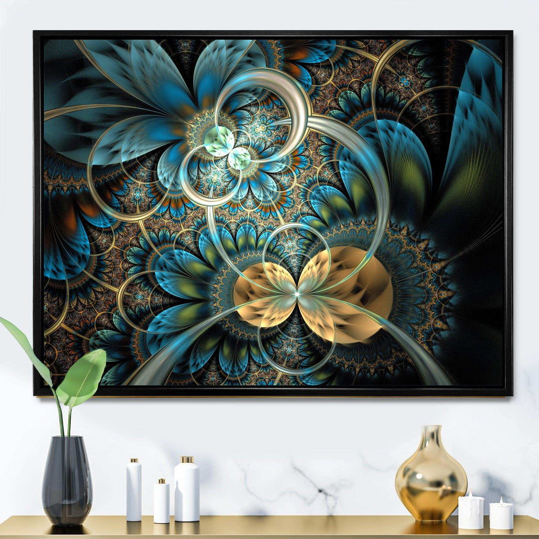 Symmetrical Blue Gold Fractal Flower - Modern Wall Art Prints