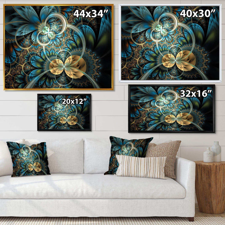 Symmetrical Blue Gold Fractal Flower - Modern Wall Art Prints