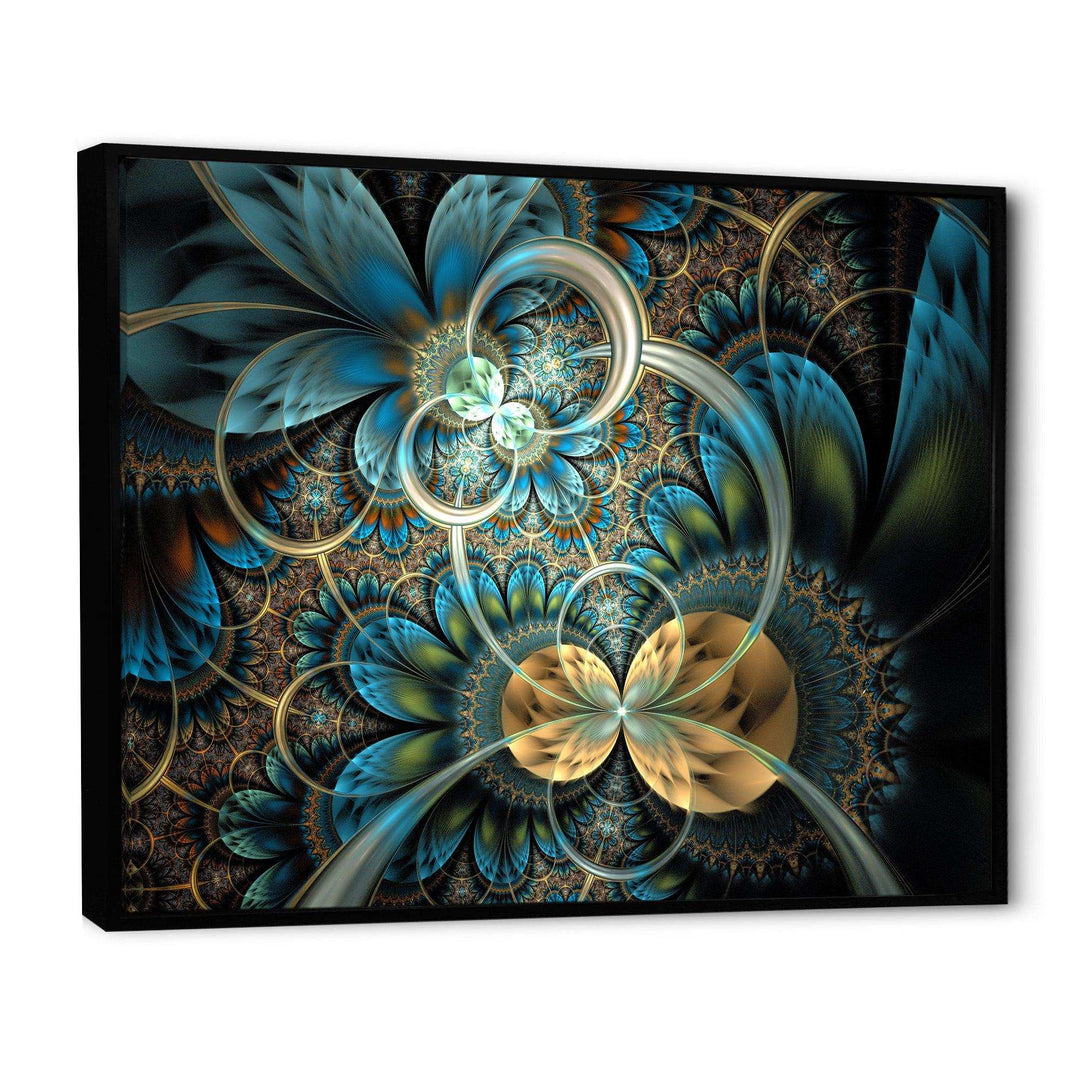 Symmetrical Blue Gold Fractal Flower - Modern Wall Art Prints