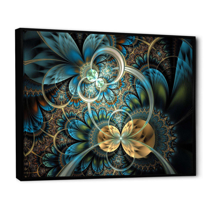 Symmetrical Blue Gold Fractal Flower - Modern Wall Art Prints