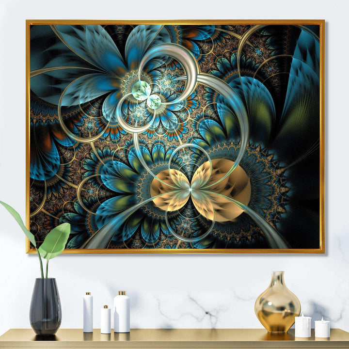 Symmetrical Blue Gold Fractal Flower - Modern Wall Art Prints