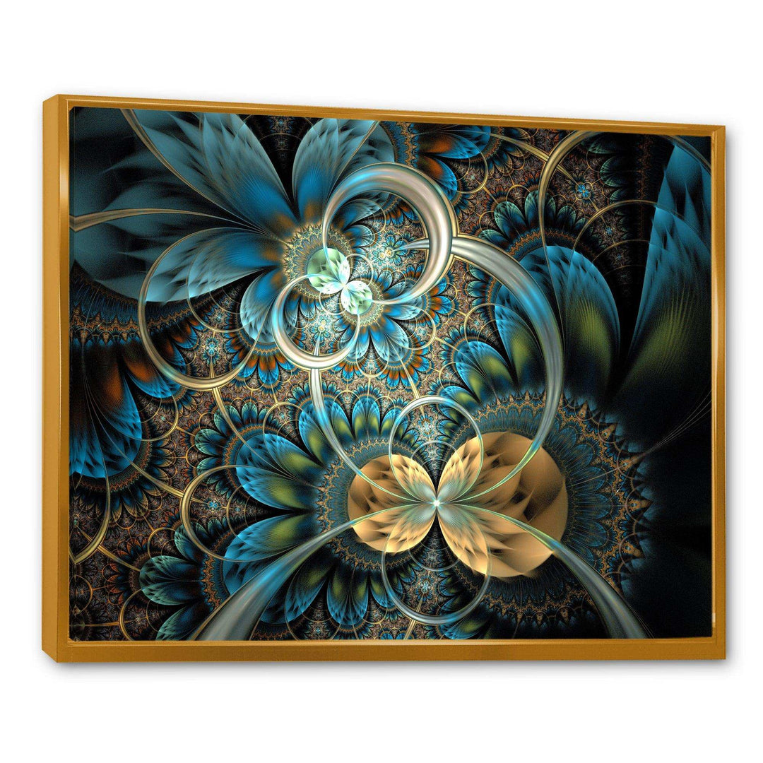 Symmetrical Blue Gold Fractal Flower - Modern Wall Art Prints