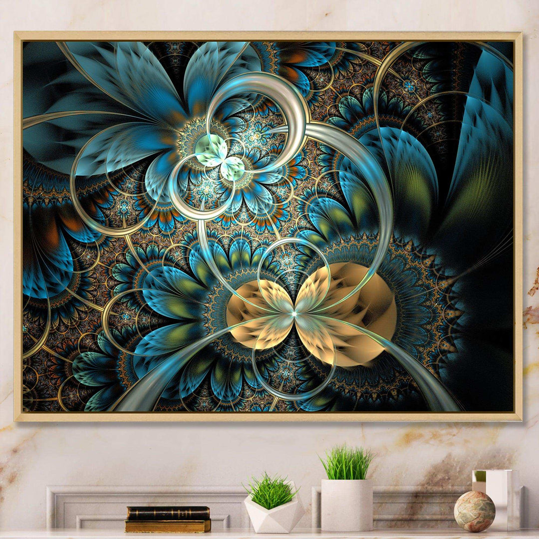 Symmetrical Blue Gold Fractal Flower - Modern Wall Art Prints