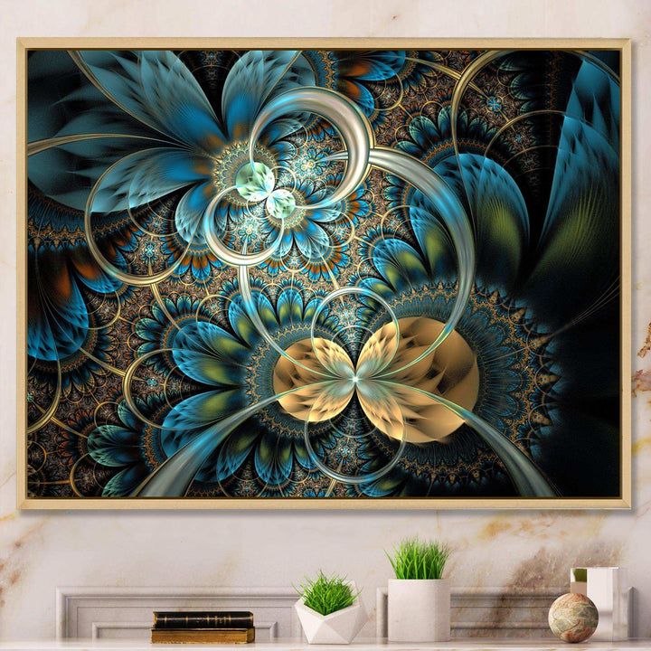 Symmetrical Blue Gold Fractal Flower - Modern Wall Art Prints