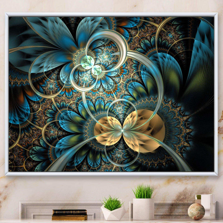 Symmetrical Blue Gold Fractal Flower - Modern Wall Art Prints