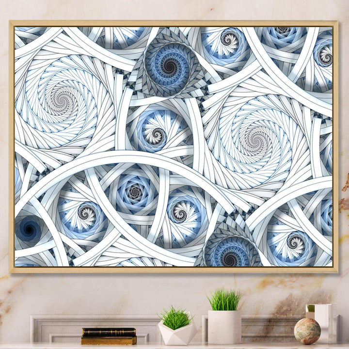 White Spiral with Blue Fractal Art - Modern Living Room Wall Decor