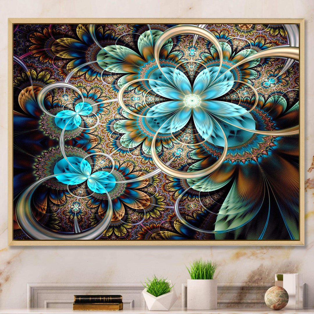 Colorful Fractal Flowers with Blue Shade - Modern Living Room Wall Decor