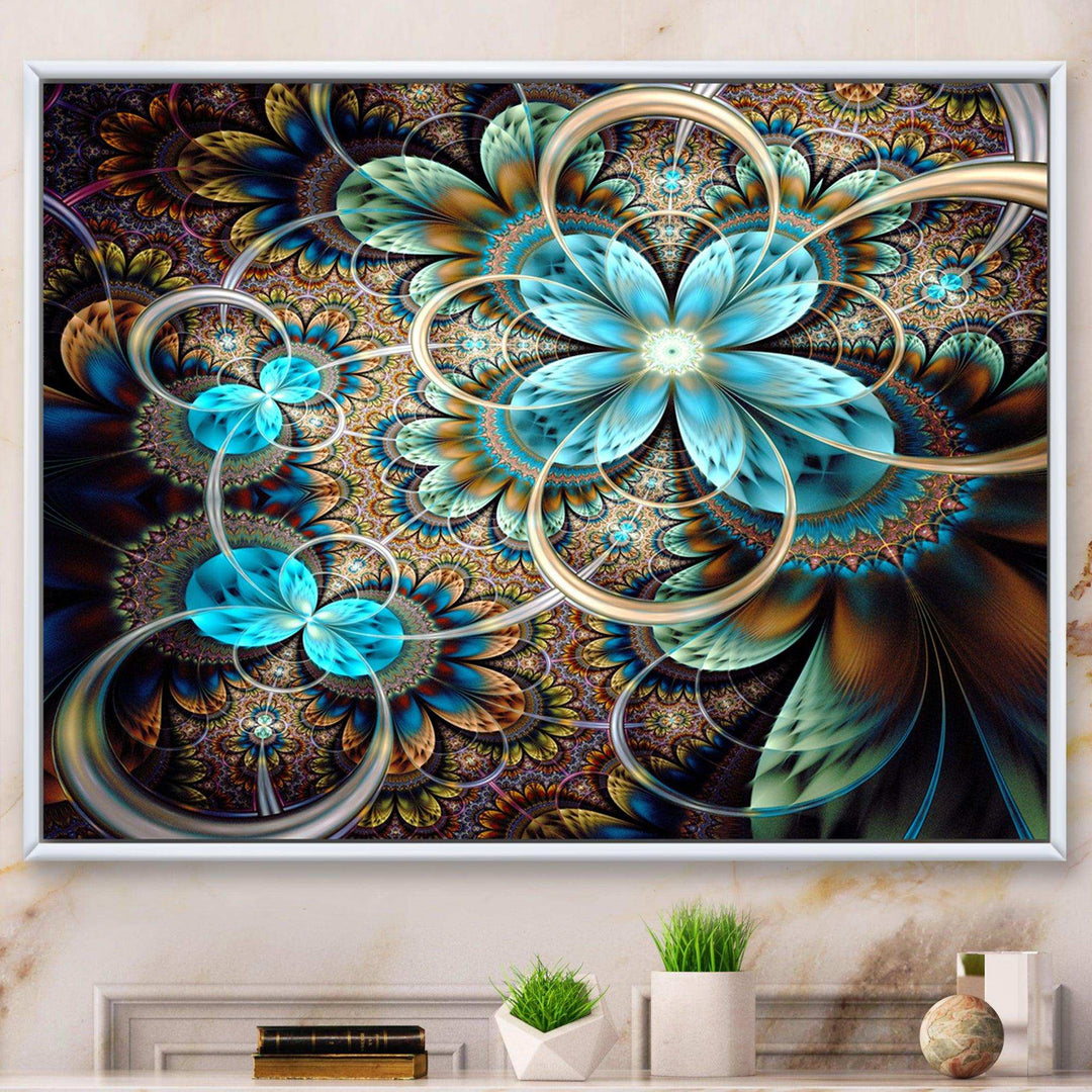 Colorful Fractal Flowers with Blue Shade - Modern Living Room Wall Decor