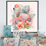 Pink Flamingo With Pink Flowers Watercolour II