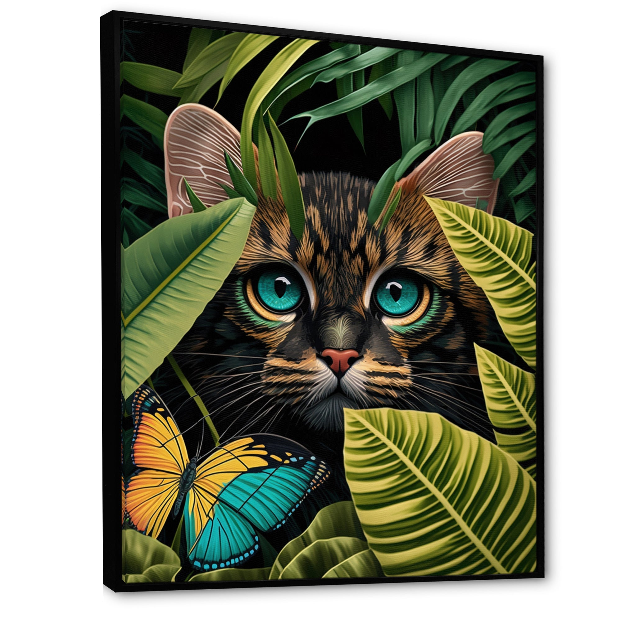 Cute Cat With Butterfly In Jungle Bushes I