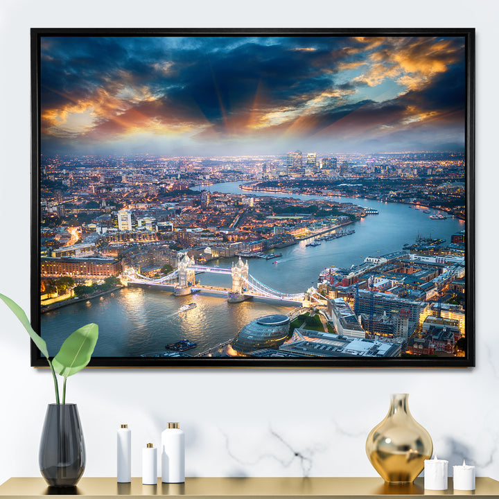 Aerial View of London at Dusk Framed Canvas Vibrant Black - 1.5" Thick