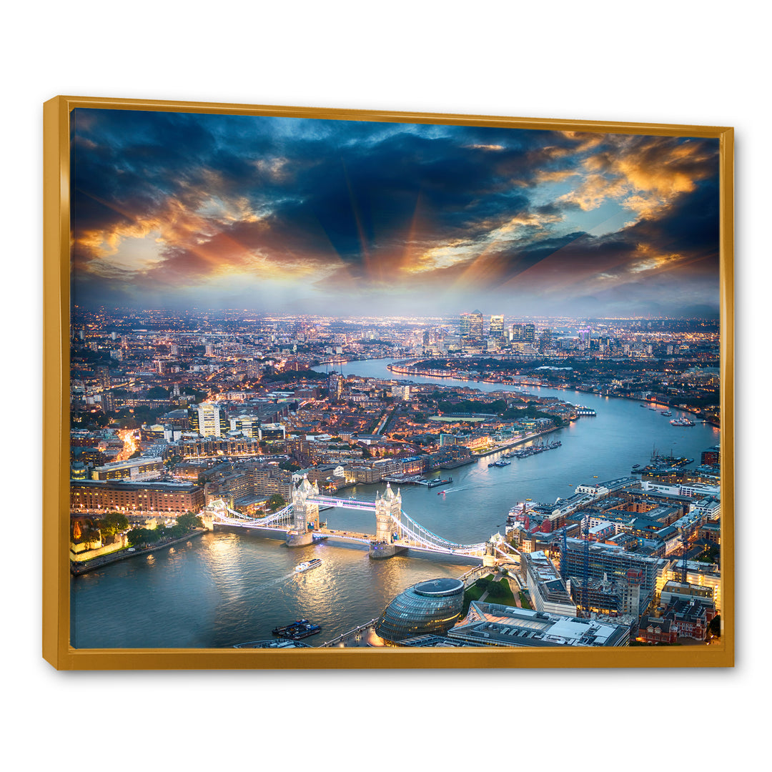 Aerial View of London at Dusk Framed Canvas Vibrant Gold - 1.5" Thick