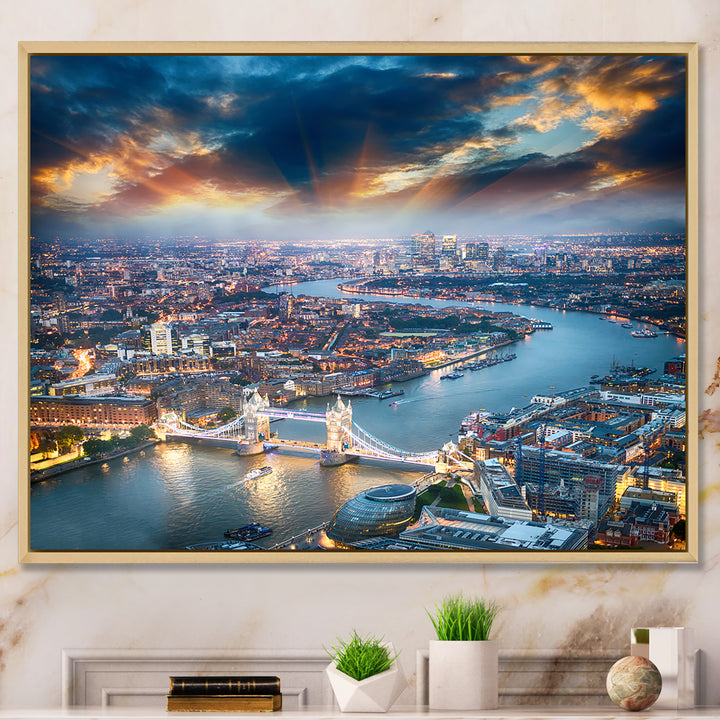 Aerial View of London at Dusk Framed Canvas Matte White - 1.5" Thick