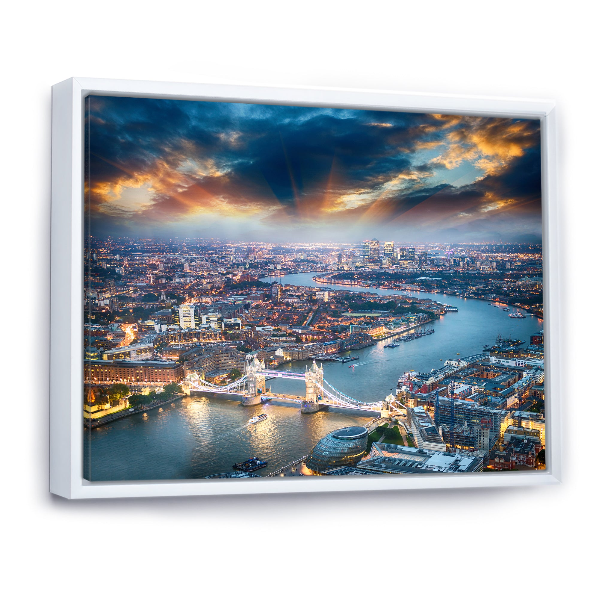 Aerial View of London at Dusk Framed Canvas Matte White - 1.5" Thick