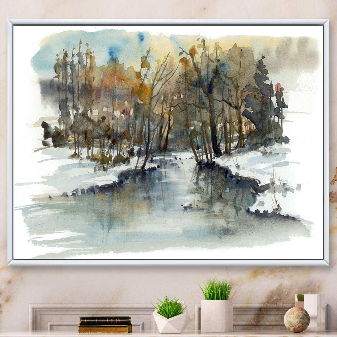 River in Woods Watercolor
