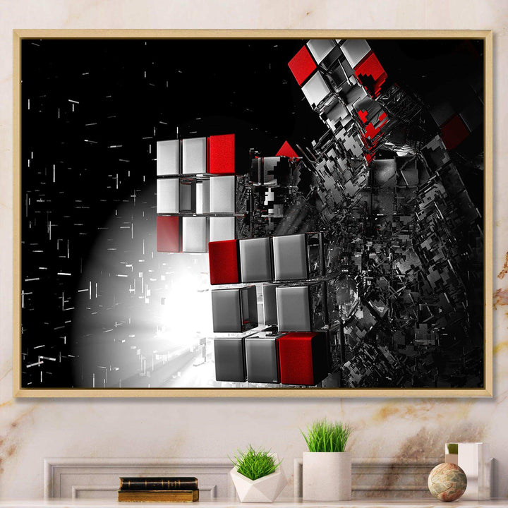 Fractal Red White Cubes - Modern Living Room Wall Decor