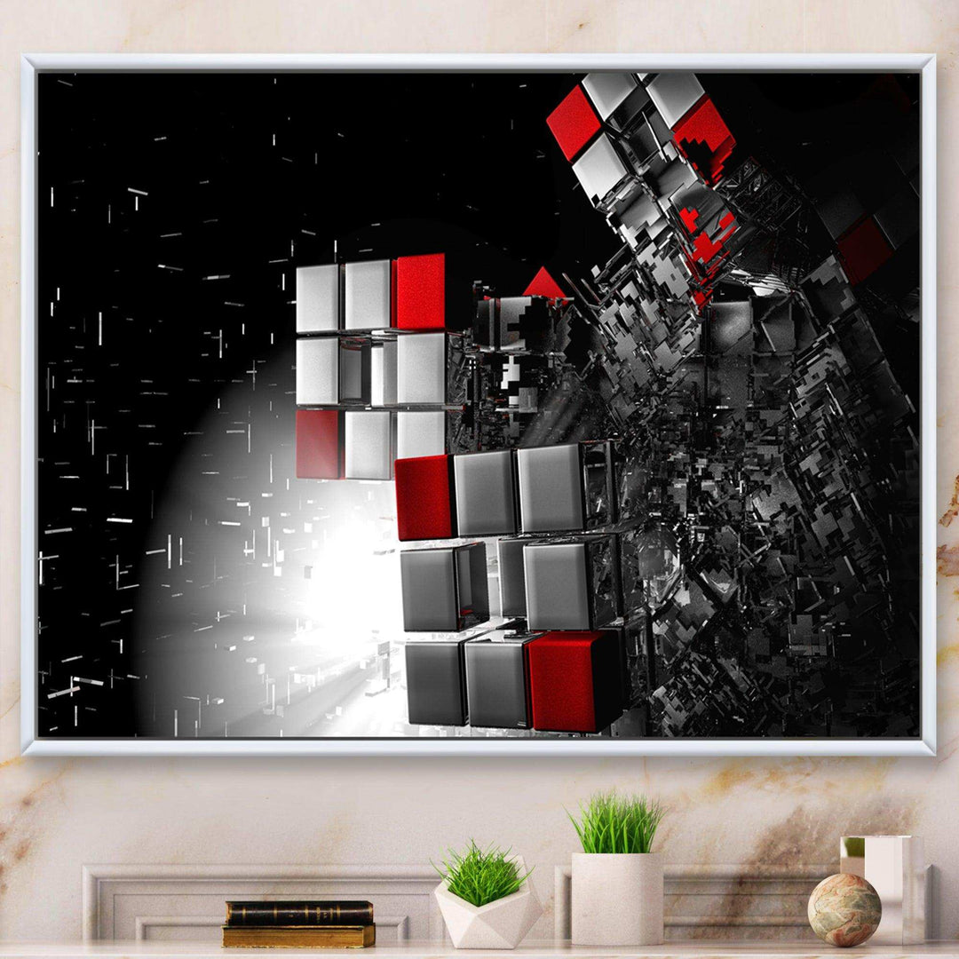 Fractal Red White Cubes - Modern Living Room Wall Decor