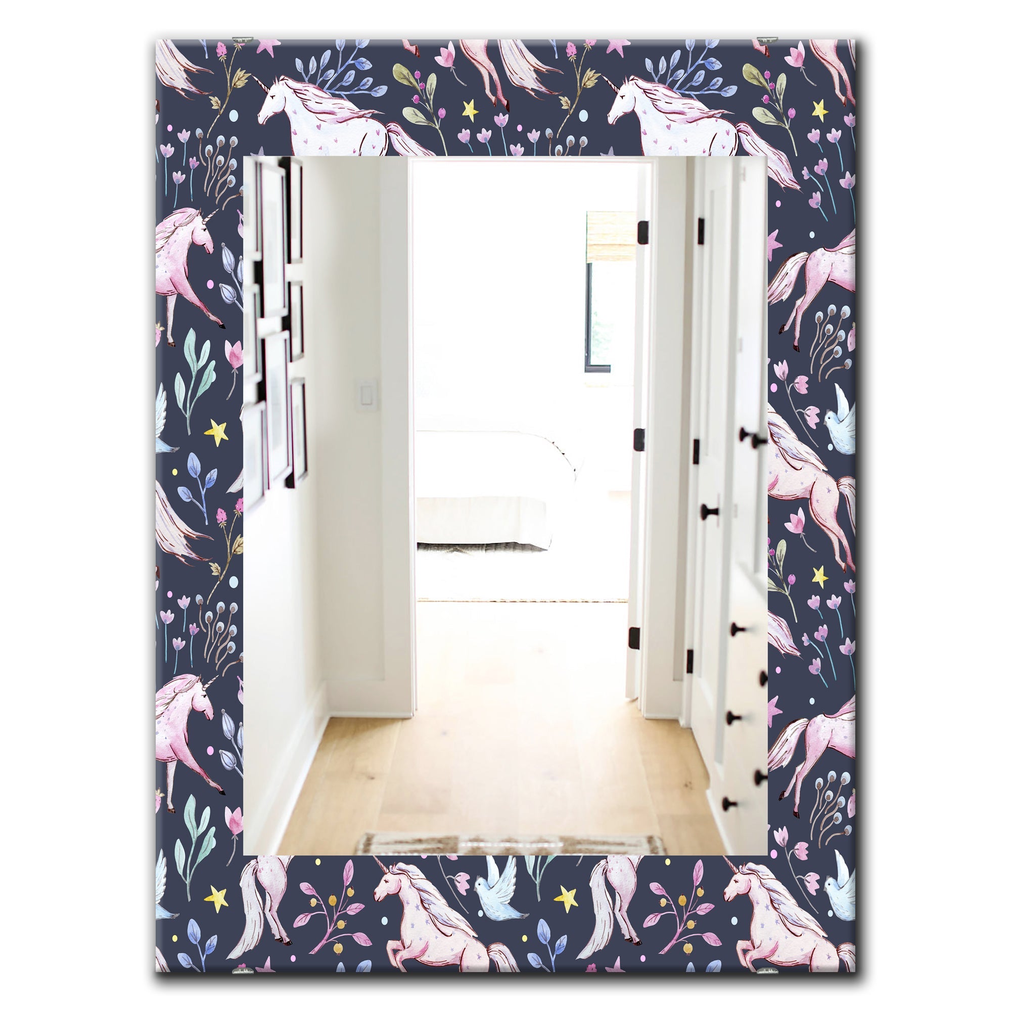 Watercolor Unicorn Pattern' Modern Mirror - Oval or Round Wall Mirror