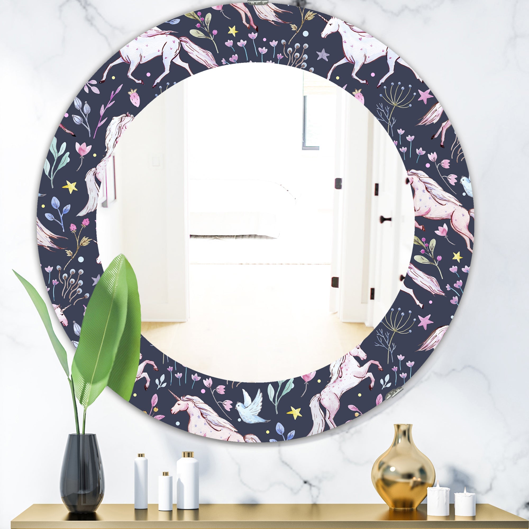 Watercolor Unicorn Pattern' Modern Mirror - Oval or Round Wall Mirror