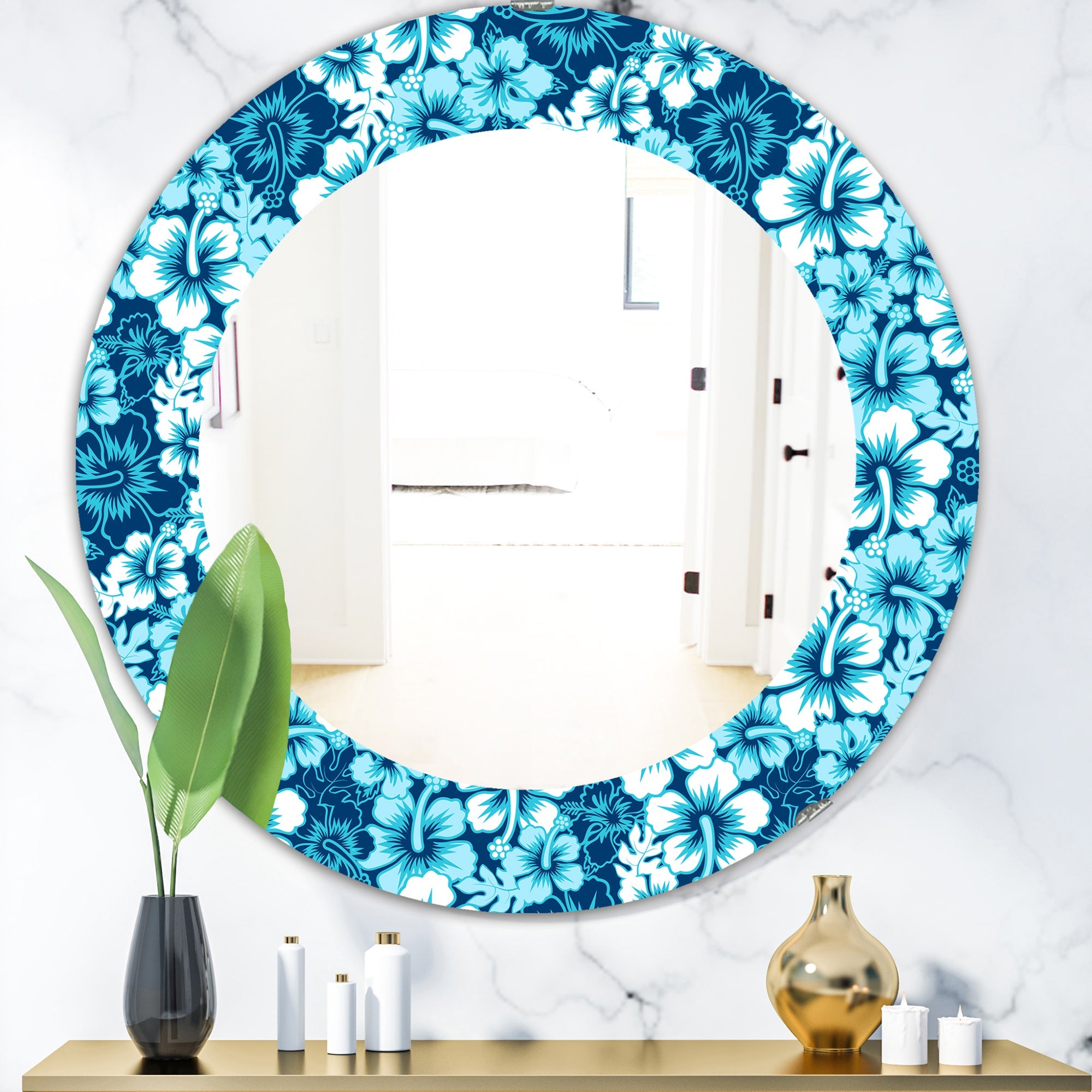 Indigo HawaII Flowers Pattern' Bohemian and Eclectic Mirror - Oval or Round Wall Mirror