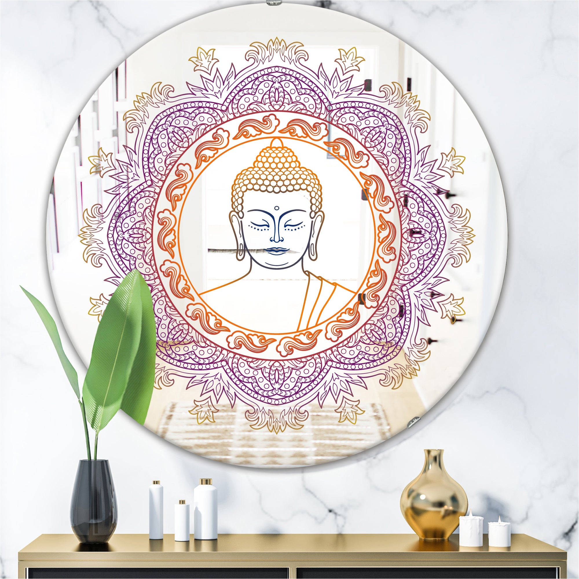 Buddha Madala Purple and Orange' Traditional Mirror - Oval or Round Wall Mirror