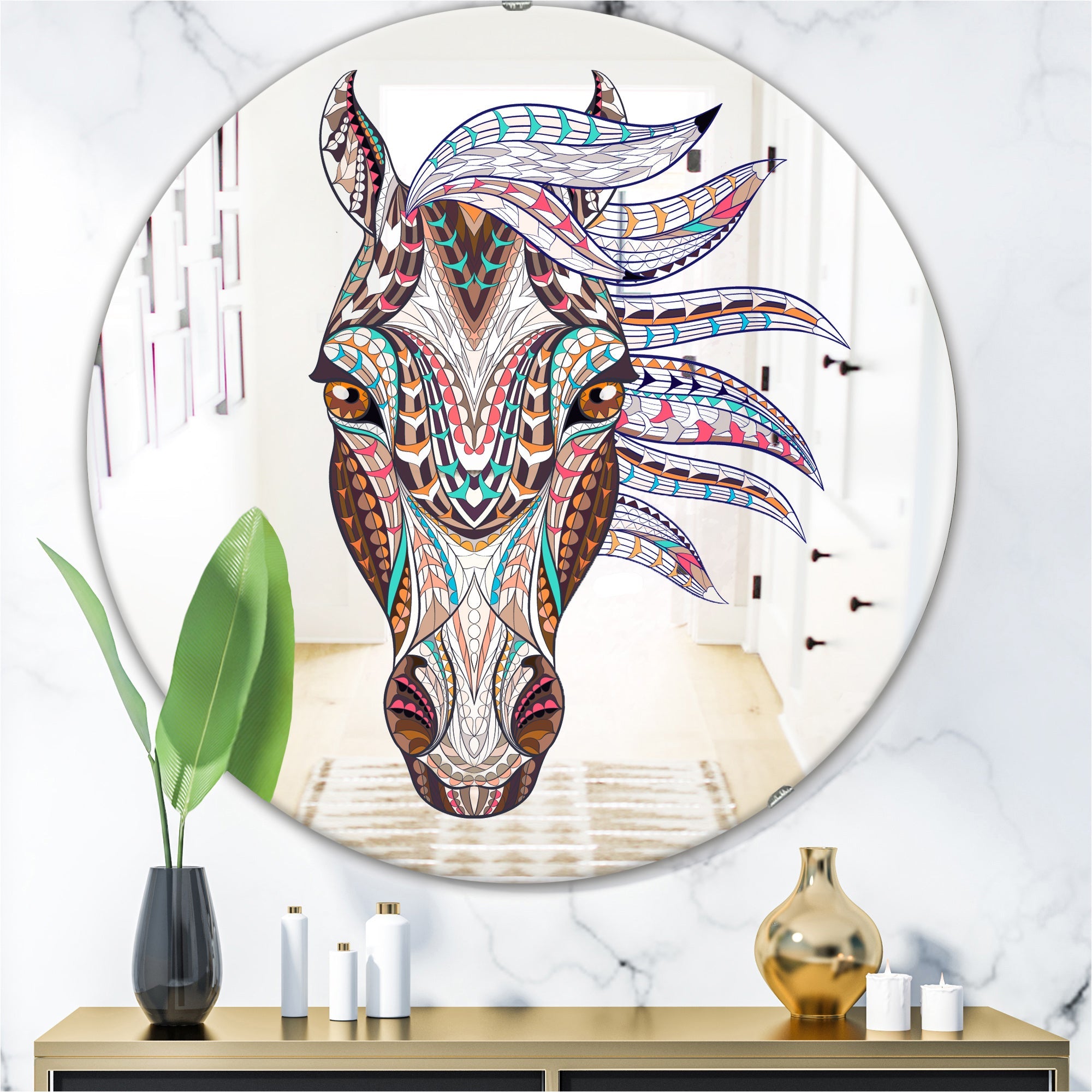 Colorful Mosaic Horse' Farmhouse Mirror - Oval or Round Wall Mirror