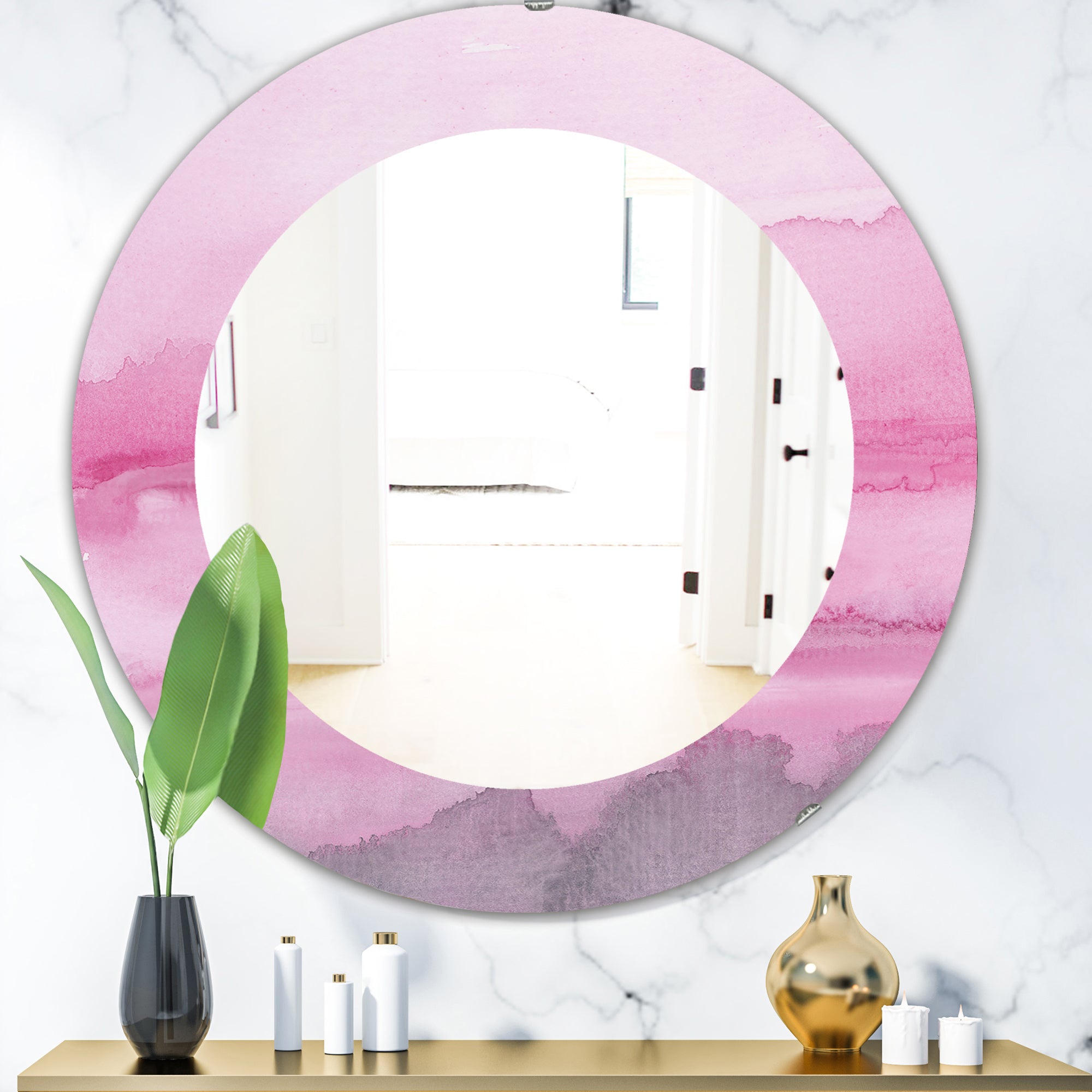 Pink Handpainted Abstract Watercolor' Shabby Chic Mirror - Oval or Round Wall Mirror
