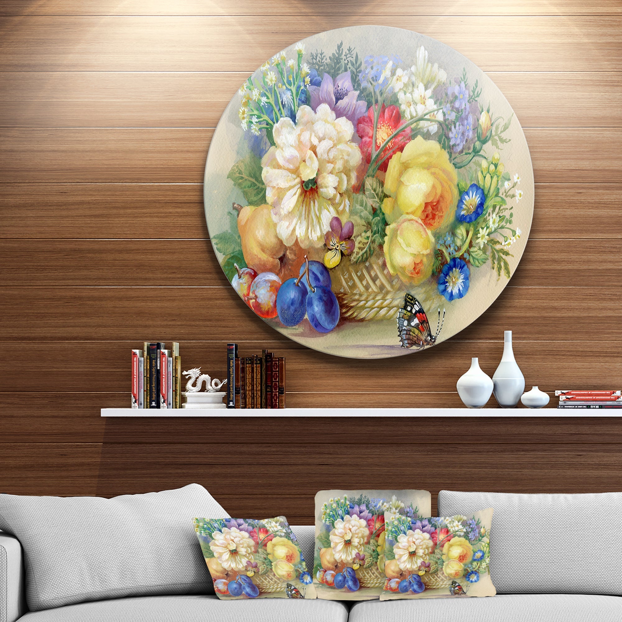 Bunch of Flowers and Fruits Ultra Glossy Floral Metal Circle Wall Art