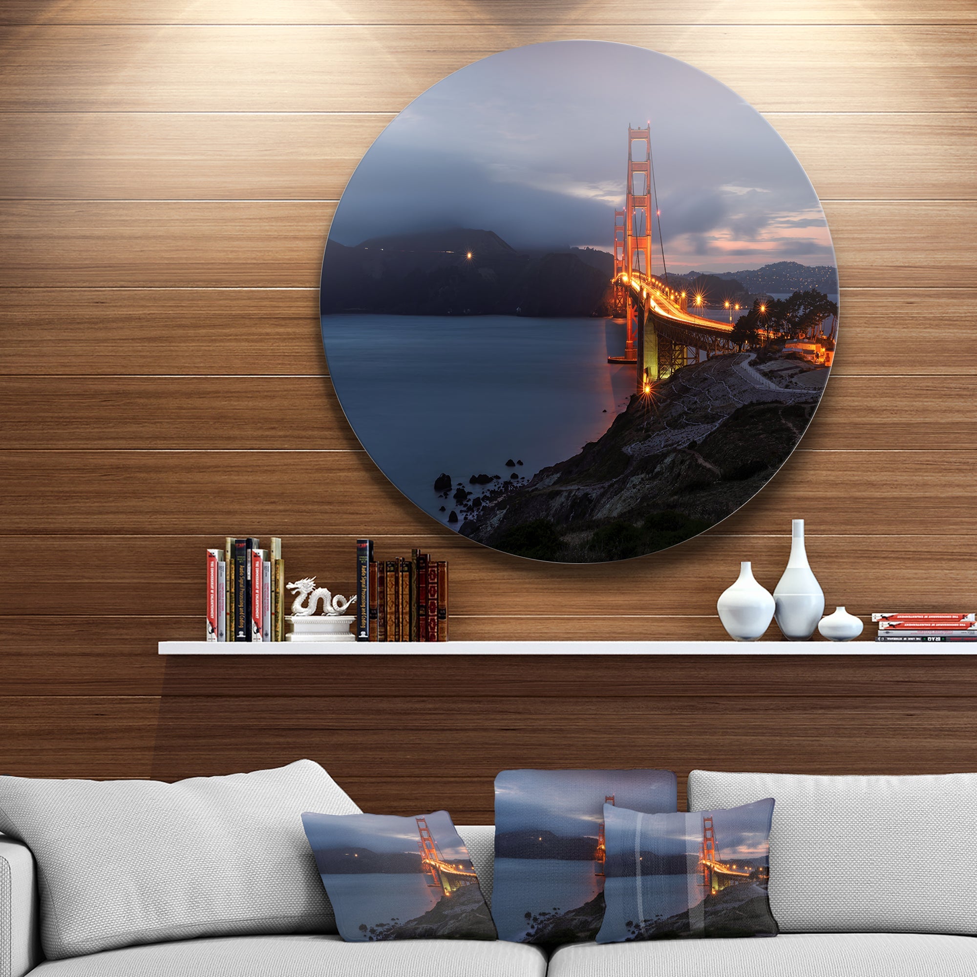 Golden Gate with Night Illumination Ultra Glossy Sea Bridge Metal Circle Wall Art