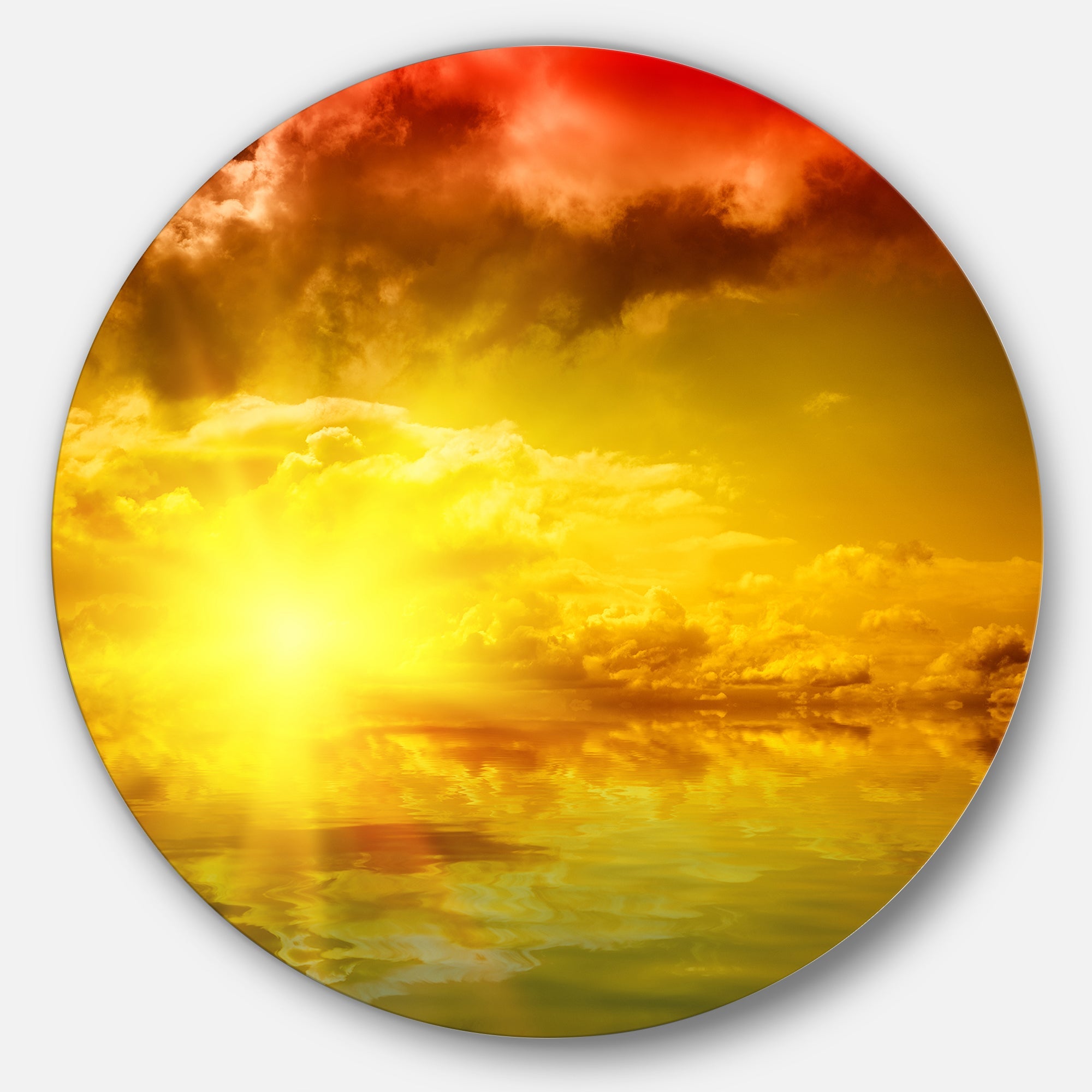 Red Dramatic Sky with Yellow Sun Ultra Glossy Landscape Metal Circle Wall Art