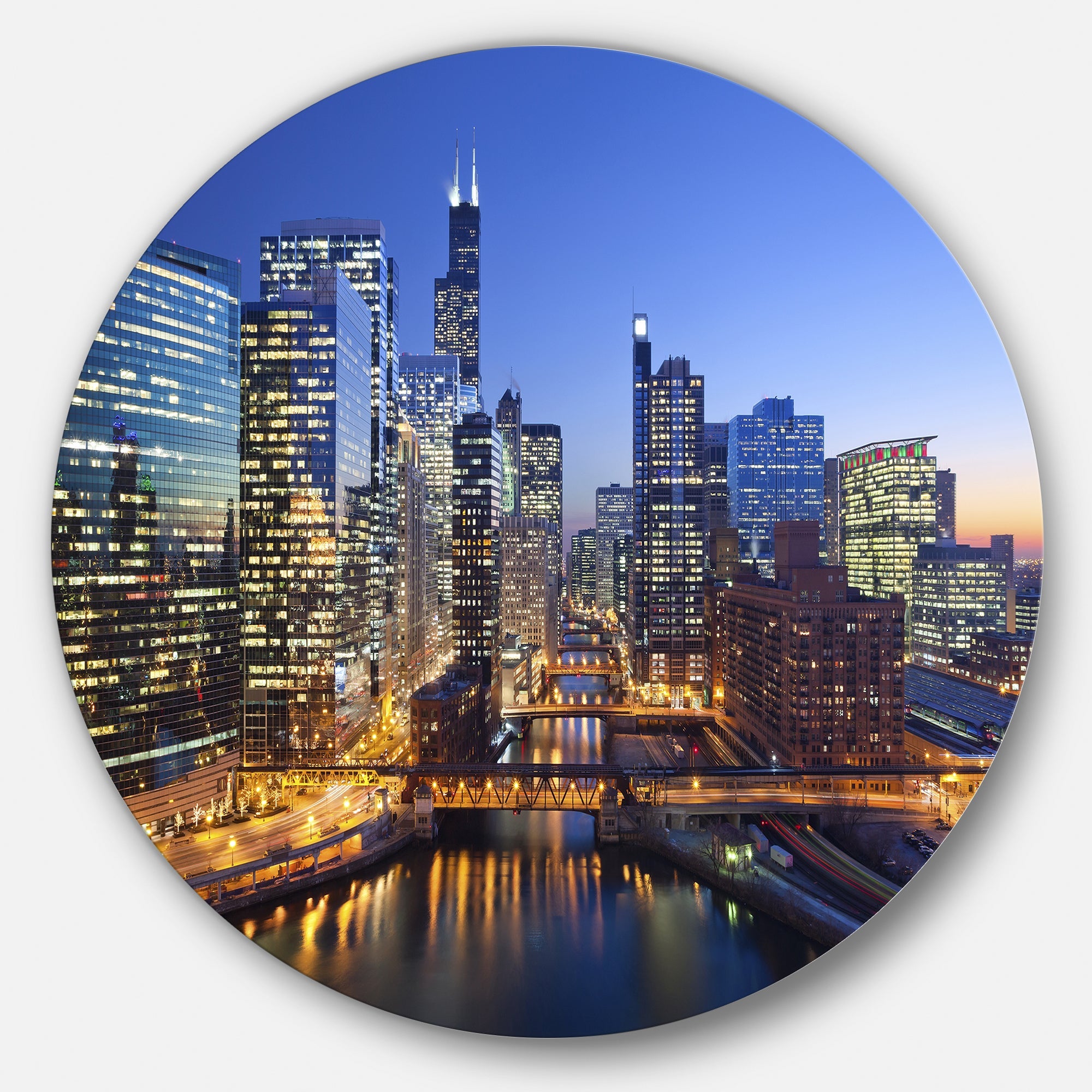 Chicago River with Bridges at Sunset Ultra Glossy Cityscape Circle Wall Art