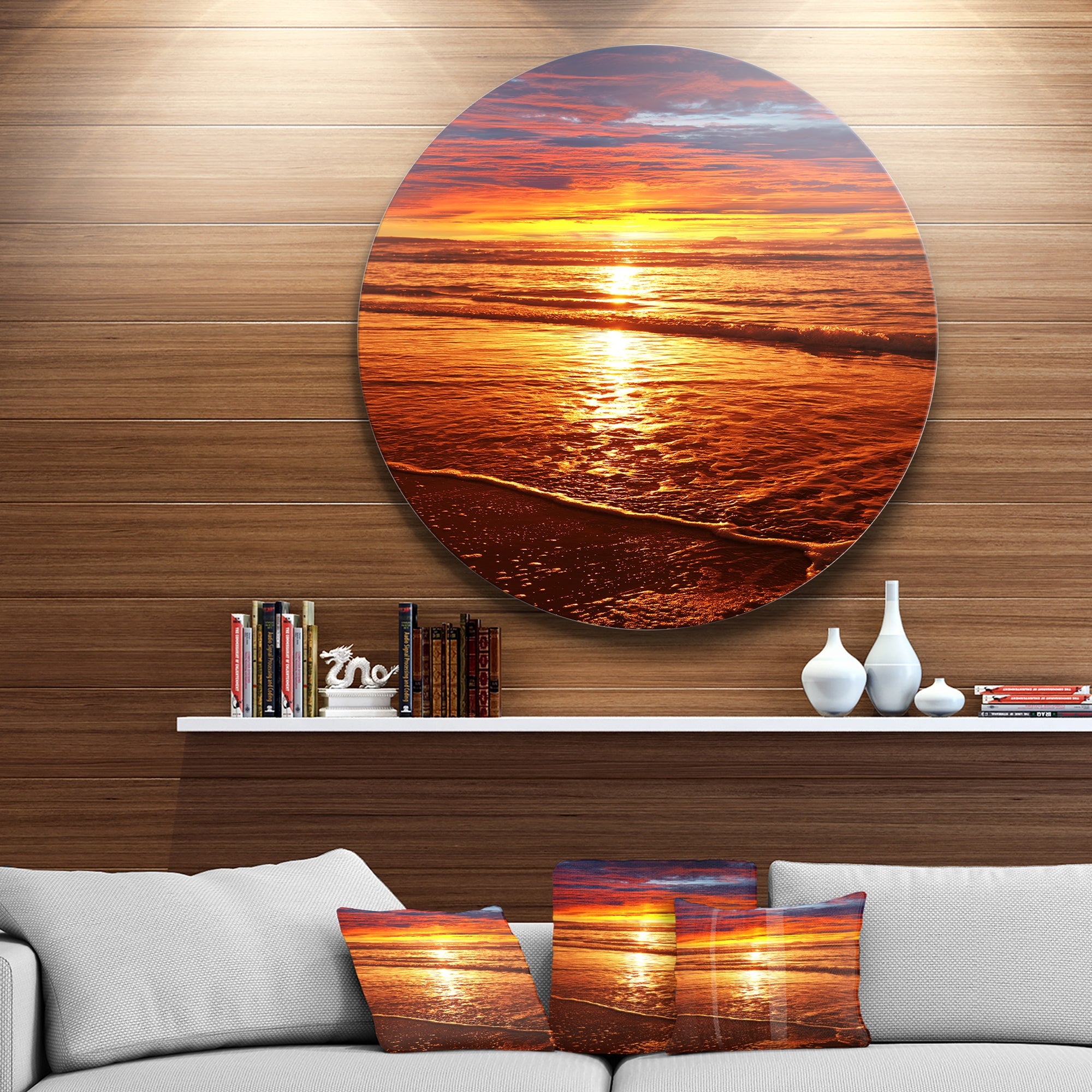Colorful Sunset Mirrored in Waters Beach Metal Circle Wall Art