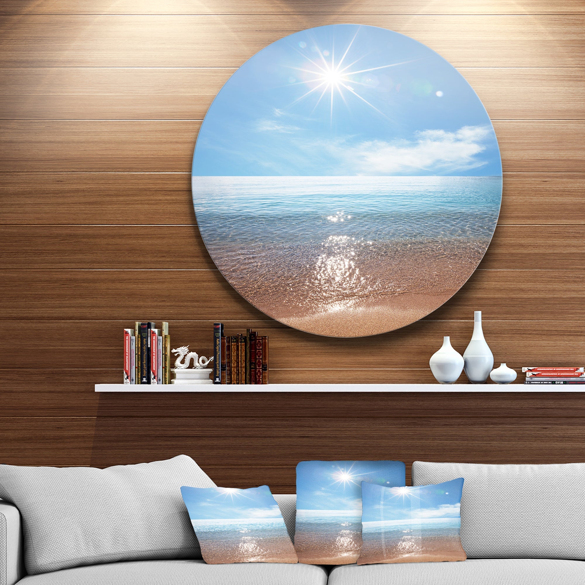 Serene Seascape with Bright Sun Beach Metal Circle Wall Art
