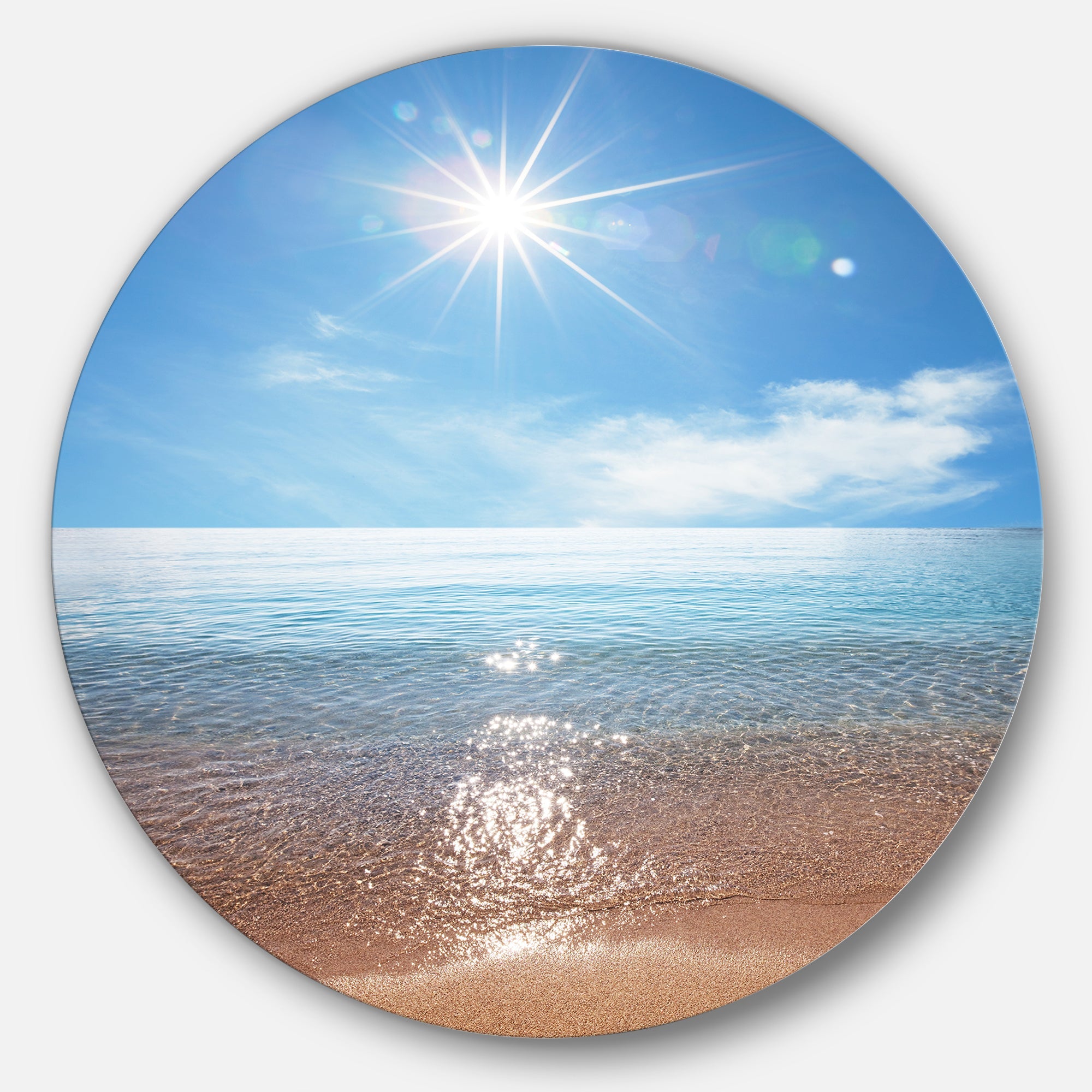 Serene Seascape with Bright Sun Beach Metal Circle Wall Art
