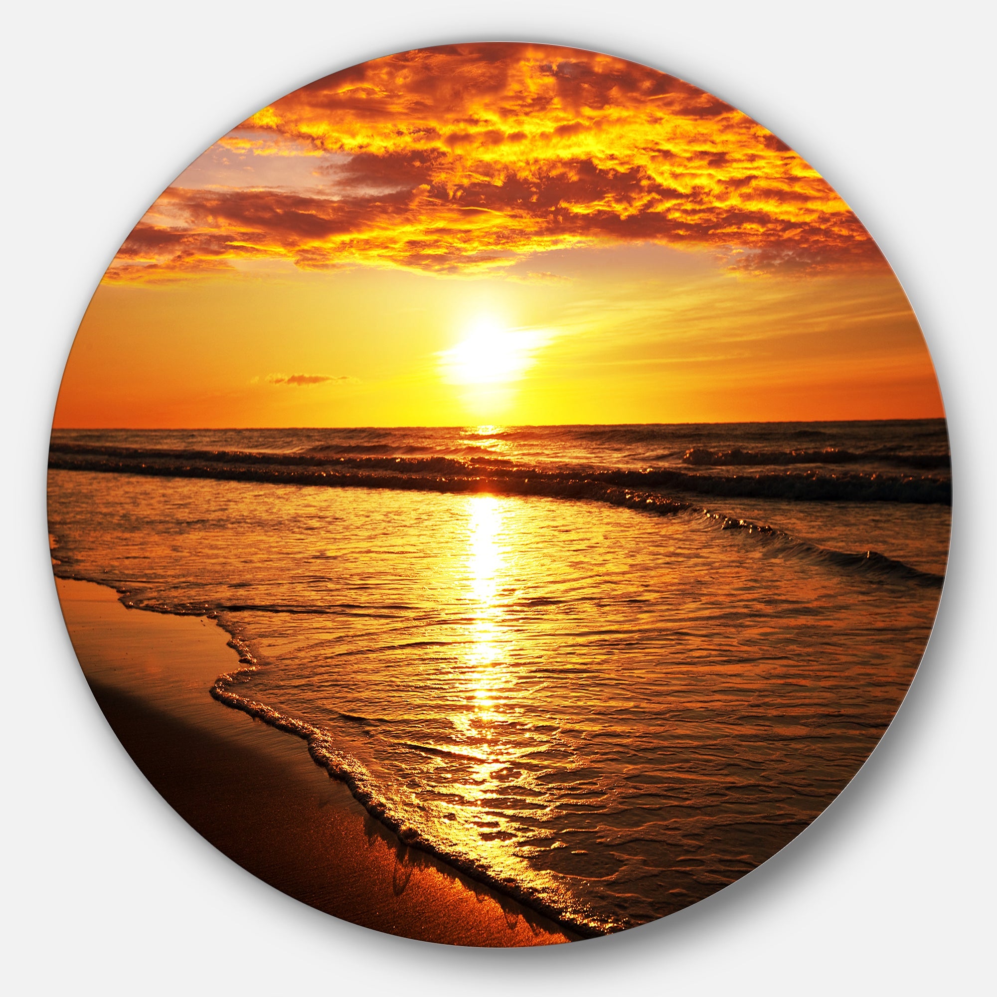 Bright Yellow Sunset over Waves Beach Metal Circle Wall Art