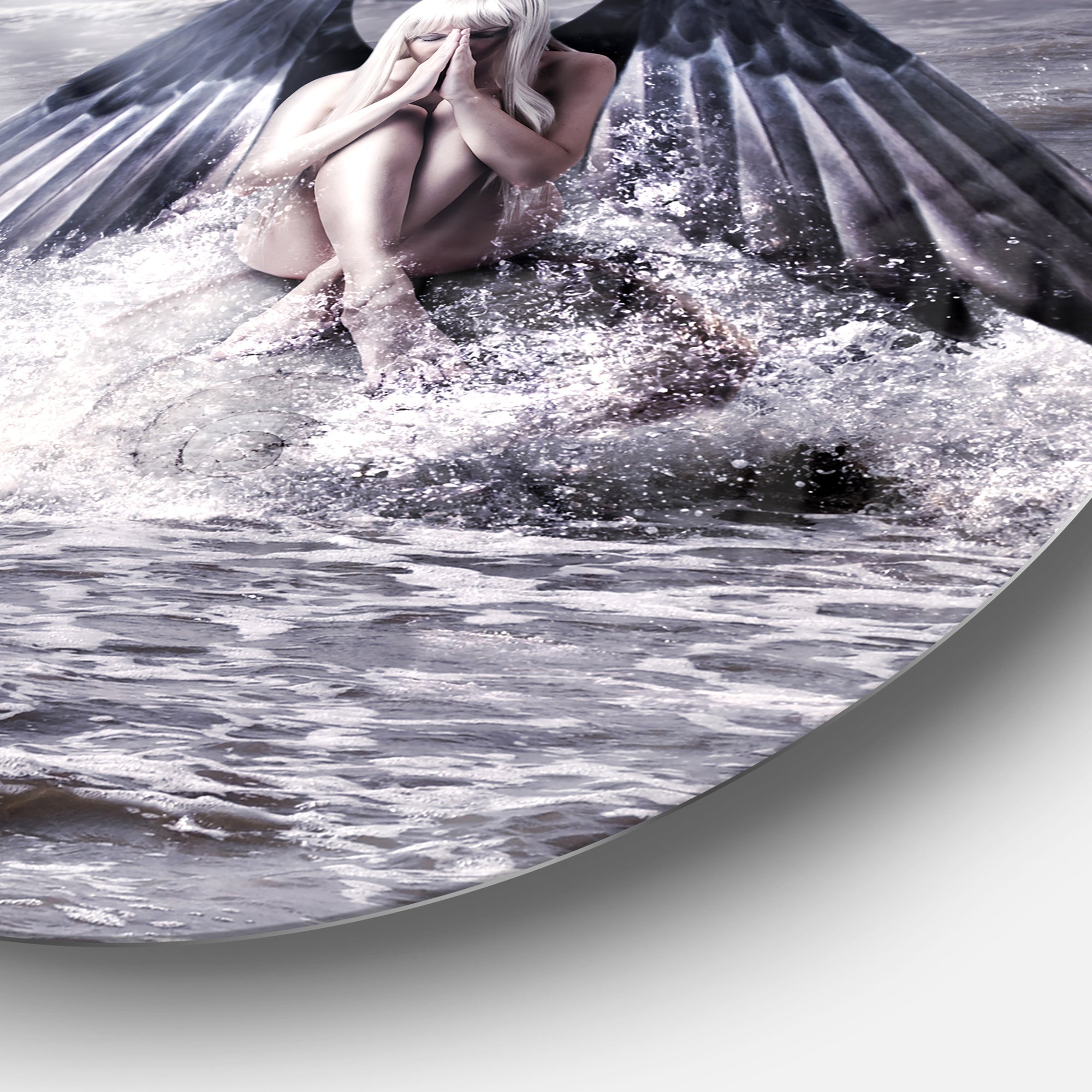 Woman with Dark Angel Wings Beach Metal Circle Wall Art