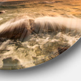 Rushing Ocean Waves into Rocks Seascape Metal Circle Wall Art