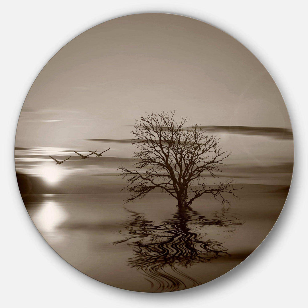 Flying Birds and Lonely Tree - Landscape Circle Metal Wall Decor