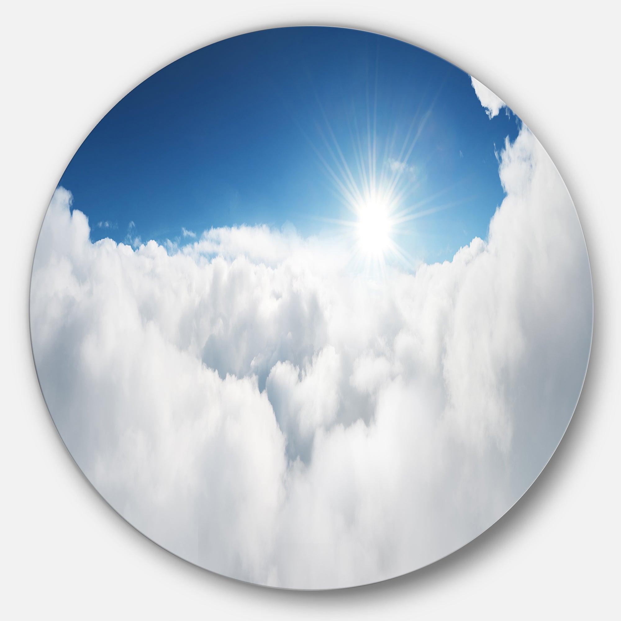 Blue Sky and Sun over Clouds Contemporary Landscape Metal Circle Wall Art
