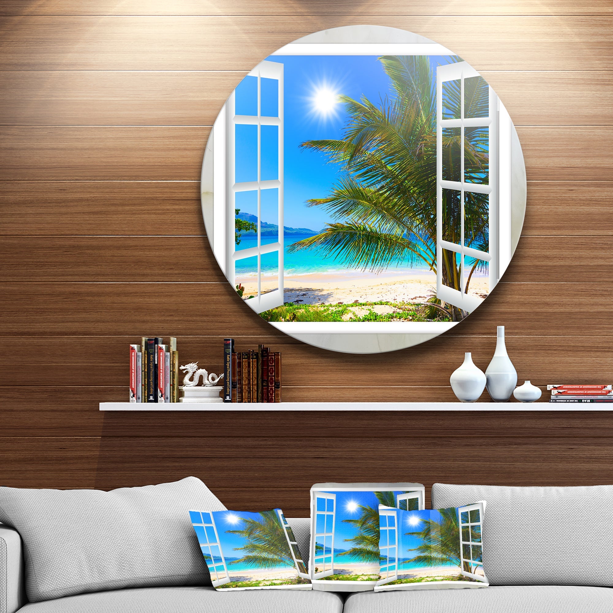 Window Open to Beach with Palm Extra Large Seashore Metal Circle Wall Art