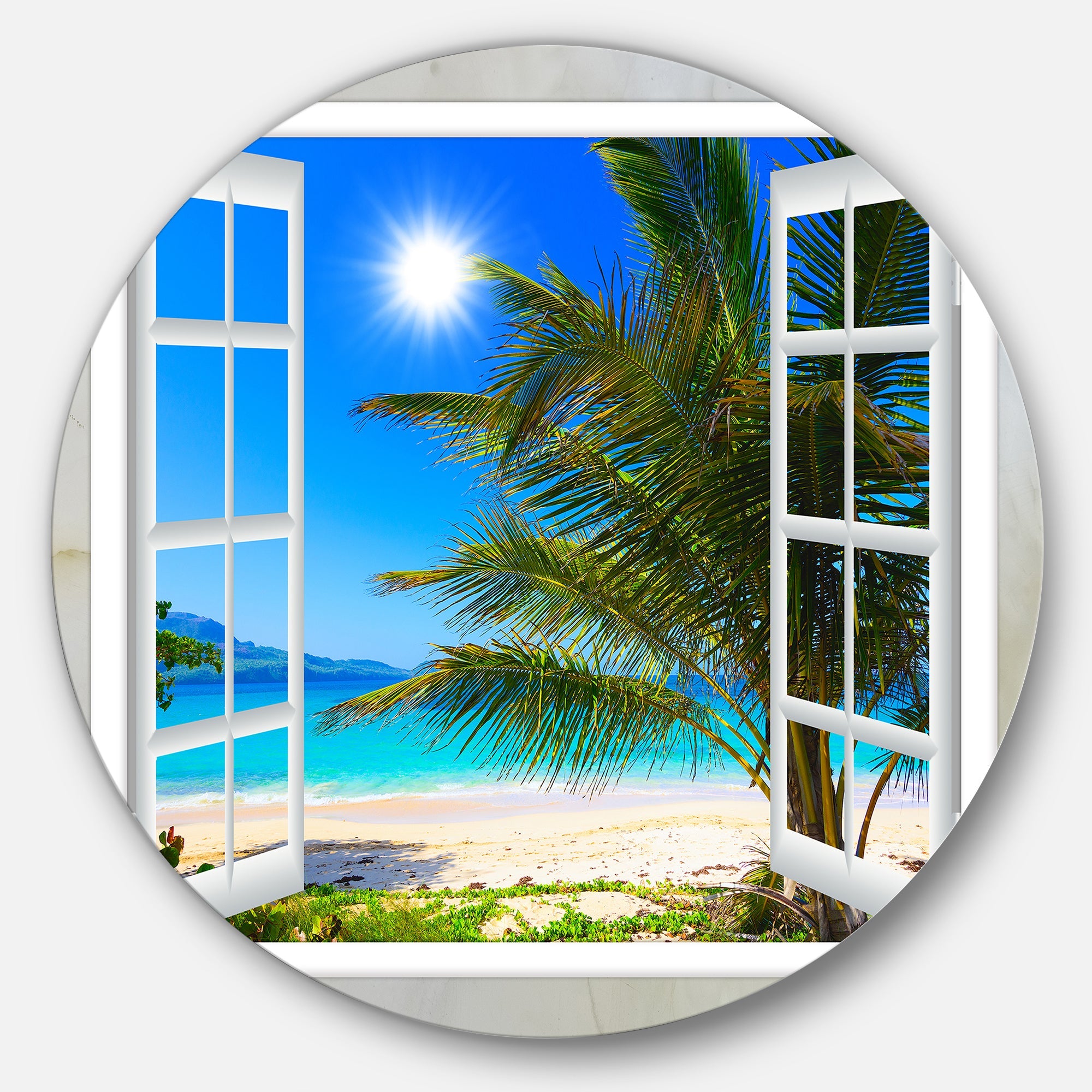 Window Open to Beach with Palm Extra Large Seashore Metal Circle Wall Art